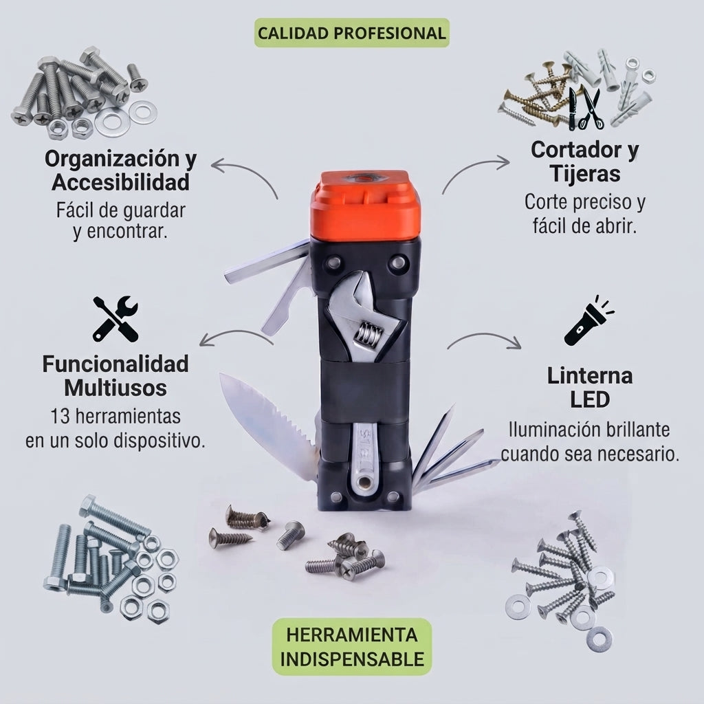 Kit Multifuncional 13 en 1 | Herramienta Portátil para Hogar, Reparaciones y Emergencias